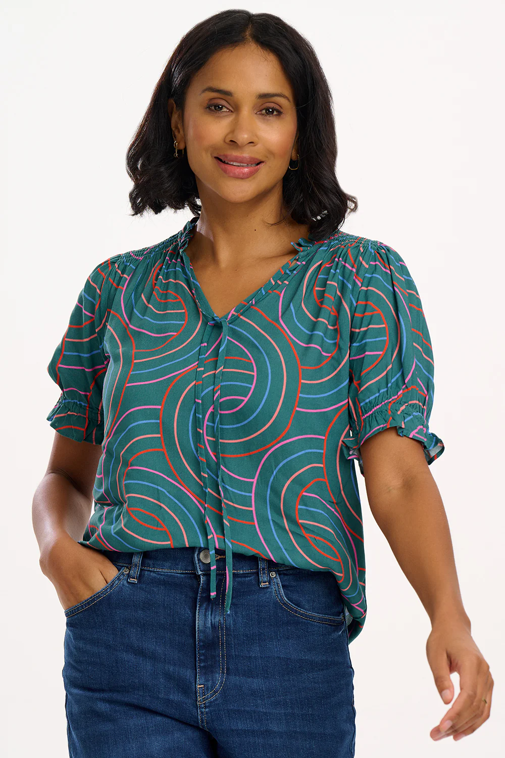 Virginia Shirred Top - Green, Concentric Circles - Image 3